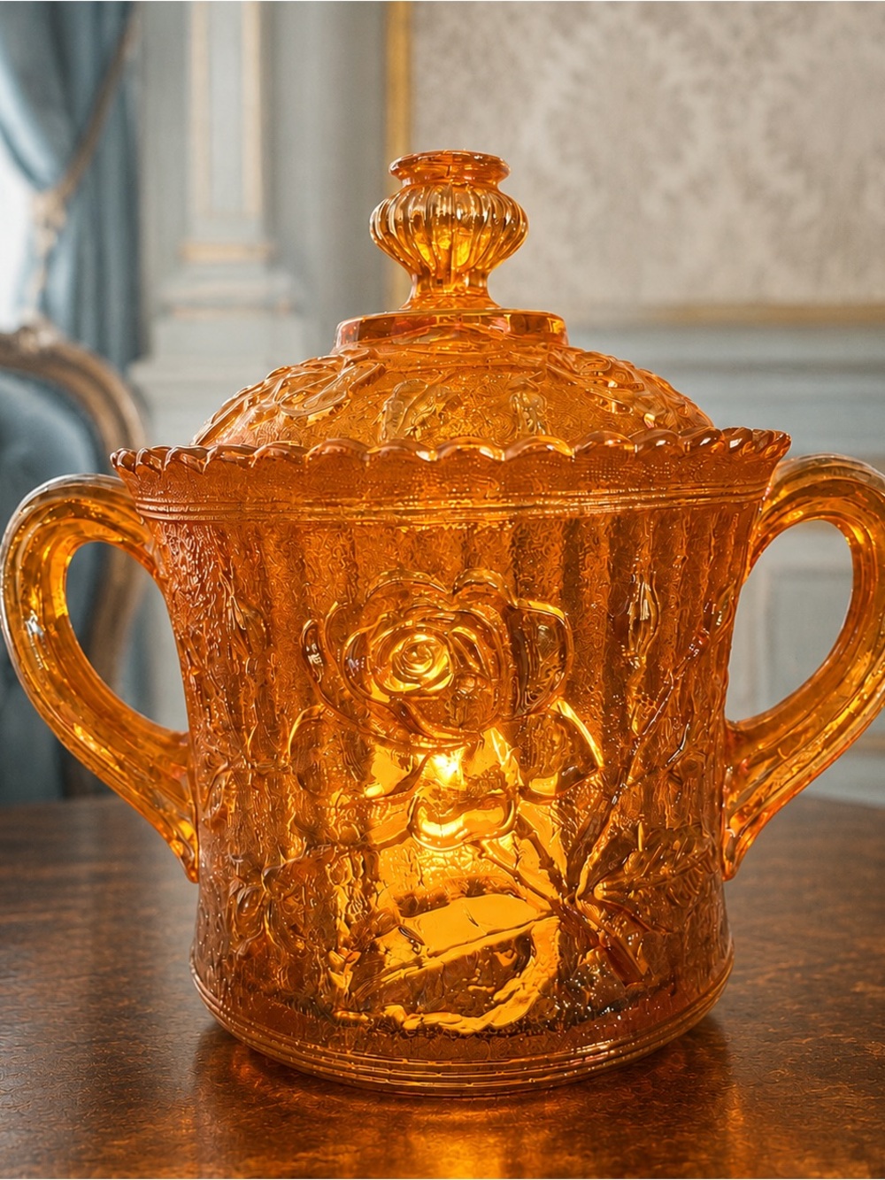 This one is gorgeous—the raised roses positively blaze when illuminated.
